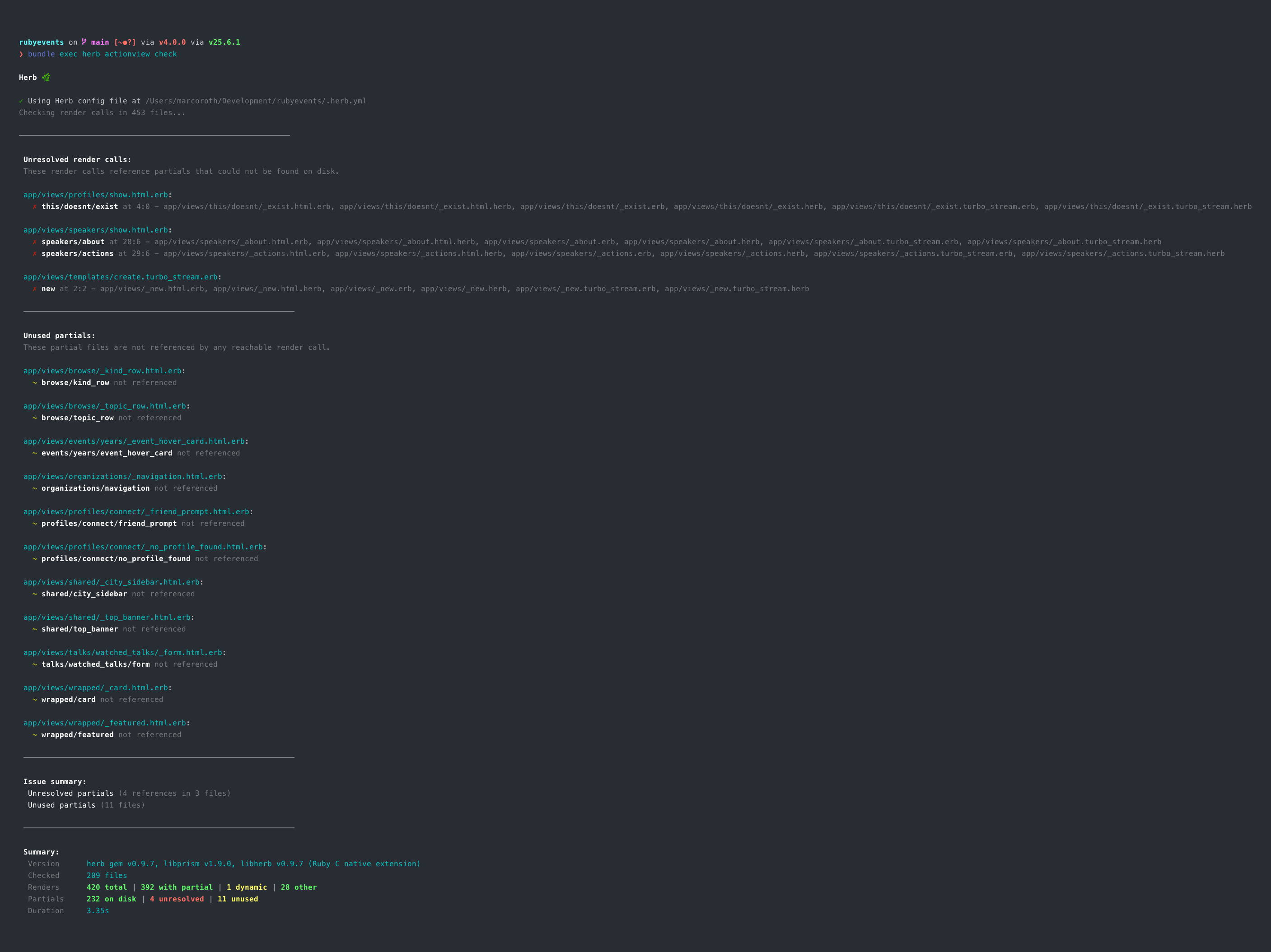 herb actionview check reporting unresolved and unused partials across a project