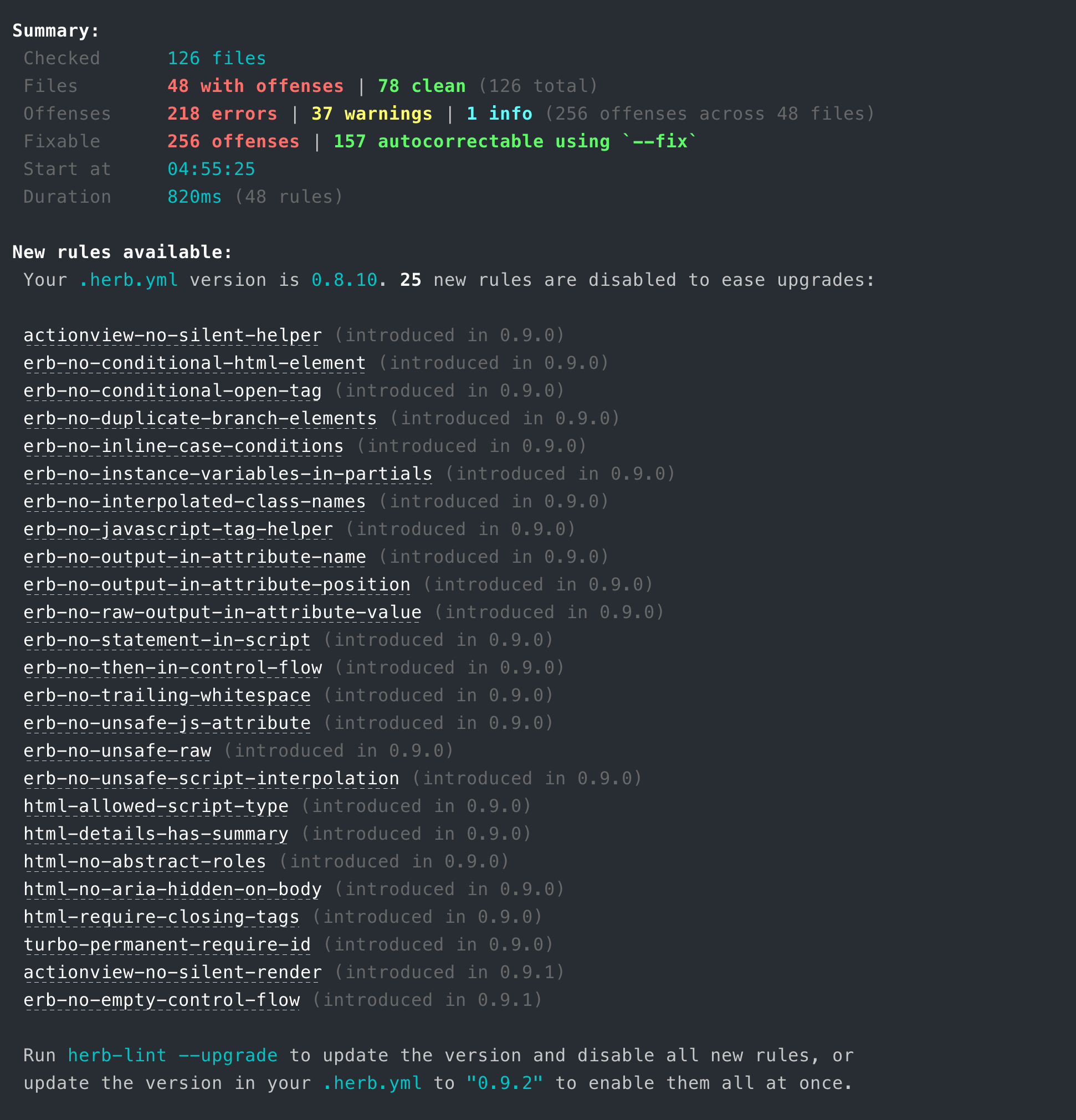 Linter output with a pinned older version, showing newer rules skipped